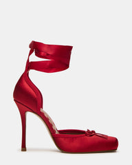LARINA Red Satin Square-Toe Stiletto Pump Lace-Up Women's Heel