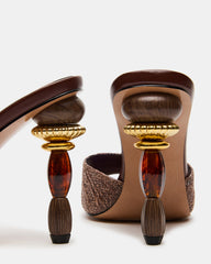 SIA Brown Square-Toe Mule Sculptured Beaded Women's Heel