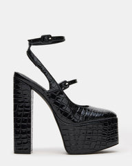SCOTLYN Black Crocodile Women's Platform Block Heel
