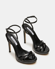 JUNI Black Patent Criss Cross Stiletto Ankle Strap Women's Heel