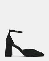 HARTLYN Black Suede Square-Toe Block Heel Ankle Strap Women's Heel