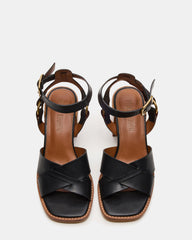 TRURO Black Leather Strappy Wood Bottom Square-Toe Women's Heel