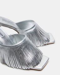 MORINA Silver Leather Square-Toe Stiletto Mule Fringe Heel | Women's Heels