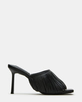 MORINA Black Leather Square-Toe Stiletto Mule Fringe Heel | Women's Heels