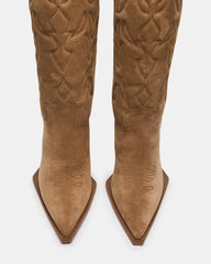 KINZEE Taupe Suede Pointed-Toe Knee-High Western Stiletto Women's Boot