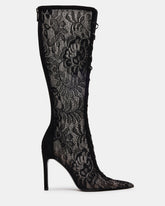 MAXINE Black Lace Pointed-Toe Knee-High Lace-Up Stiletto Women's Boot