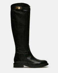 BEXLEY Black Leather Knee-High Round-Toe Buckle Women's Boot
