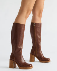 FOLIE Rust Leather Square-Toe Block Heel Knee-High Women's Boot