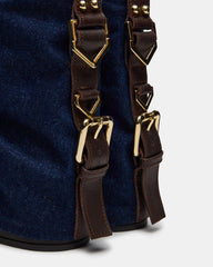 BENJI Denim Fabric Cuffed Fold-Over Moto Buckle Women's Ankle Boot