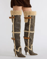 BADDIE Faux Fur Brown Distressed Over-The-Knee Moto Women's Boot