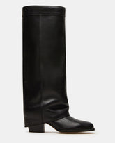 WINNICK Black Leather Knee-High Cuffed Fold-Over Block Heel Women's Boot