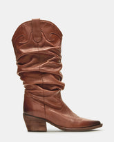 STAGE Cognac Leather Pointed-Toe Scrunched Western Women's Boot