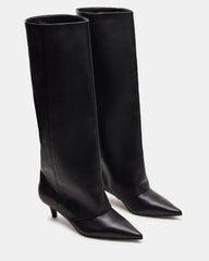 LUCA Black Leather Pointed-Toe Cuffed Kitten Heel Women's Boot