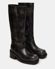 DAVOS Black Distressed Square-Toe Knee High Block Heel Women's Boot