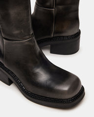 DAVOS Black Distressed Square-Toe Knee High Block Heel Women's Boot