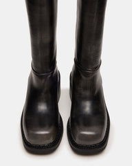 DAVOS Black Distressed Square-Toe Knee High Block Heel Women's Boot