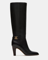 RHETT Black Leather Knee-High Heeled Women's Boot