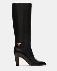 RHETT Black Leather Knee-High Heeled Women's Boot