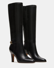 RHETT Black Leather Knee-High Heeled Women's Boot