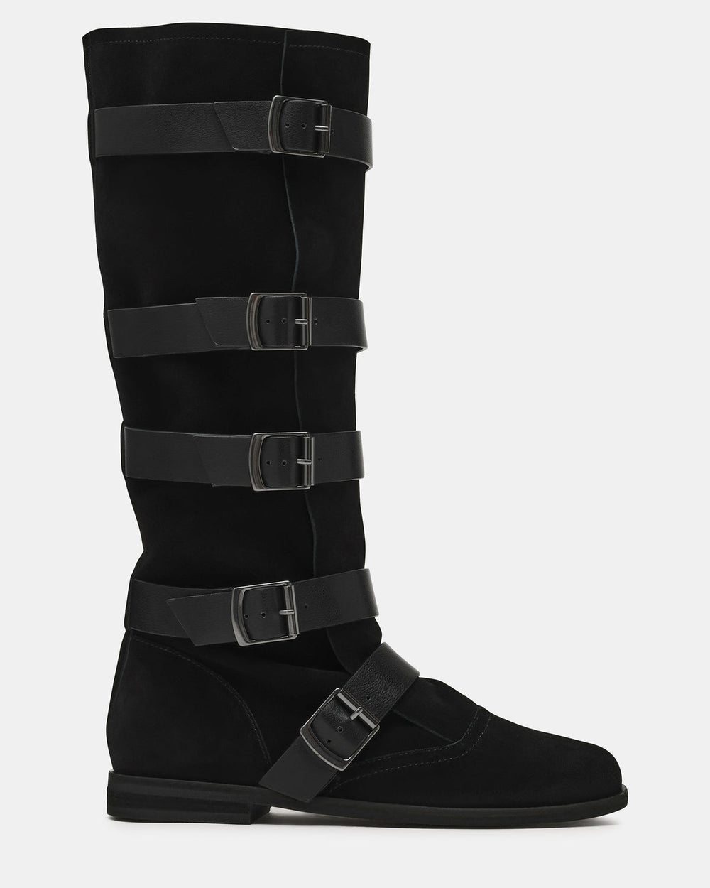 INDIO Black Suede Buckle Strap Knee-High Round-Toe Women's Boot