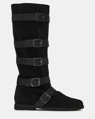 INDIO Black Suede Buckle Strap Knee-High Round-Toe Women's Boot