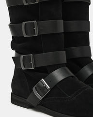 INDIO Black Suede Buckle Strap Knee-High Round-Toe Women's Boot