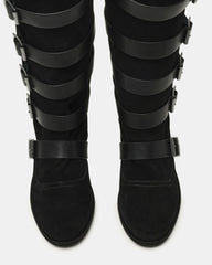 INDIO Black Suede Buckle Strap Knee-High Round-Toe Women's Boot