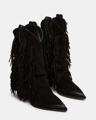 LANDMARK Black Suede Cuffed Fringe Western Women's Ankle Boot