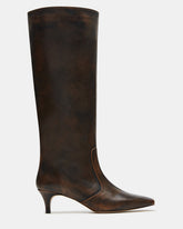 LANDER Brown Distressed Knee-High Kitten Heel Women's Boot