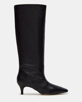 LANDER Black Leather Knee-High Kitten Heel Women's Boot