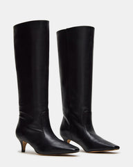 LANDER Black Leather Knee-High Kitten Heel Women's Boot