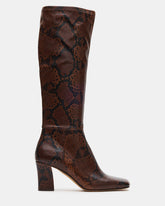 ELLIOT Brown Snake Square-Toe Knee-High Block Heel Women's Boot