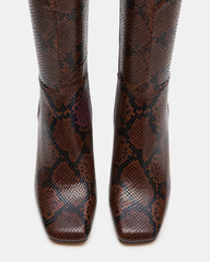 ELLIOT Brown Snake Square-Toe Knee-High Block Heel Women's Boot