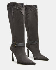 KYNDALL Grey Suede Pointed-Toe Stiletto Heeled Knee-High Women's Boot