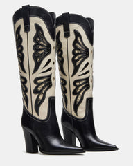 KAZ Black/White Pointed-Toe Knee-High Block Heel Western Women's Boot