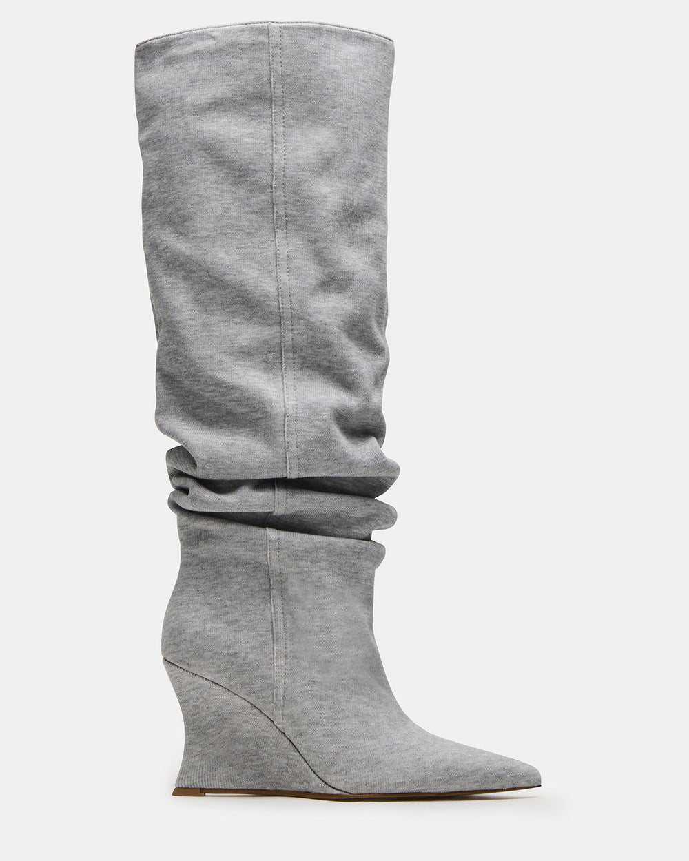 DISTORTION Grey Fabric Pointed-Toe Scrunched Knee-High Wedge Women's Boot