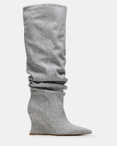 DISTORTION Grey Fabric Pointed-Toe Scrunched Knee-High Wedge Women's Boot