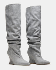 DISTORTION Grey Fabric Pointed-Toe Scrunched Knee-High Wedge Women's Boot