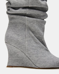 DISTORTION Grey Fabric Pointed-Toe Scrunched Knee-High Wedge Women's Boot