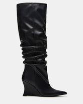 DISTORTION Black Pointed-Toe Scrunched Knee-High Wedge Women's Boot