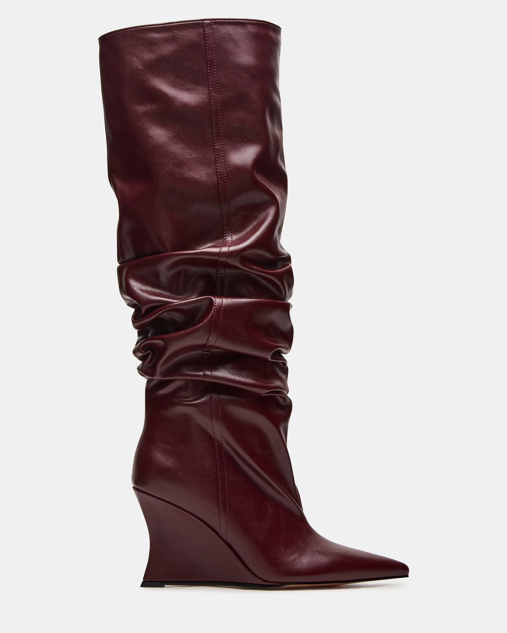 DISTORTION Burgundy Pointed-Toe Scrunched Knee-High Wedge Women's Boot