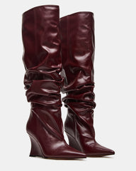 DISTORTION Burgundy Pointed-Toe Scrunched Knee-High Wedge Women's Boot