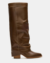 WINNICK Olive Leather Knee-High Cuffed Fold-Over Block Heel Women's Boot