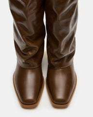 WINNICK Olive Leather Knee-High Cuffed Fold-Over Block Heel Women's Boot