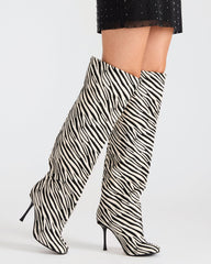 ALLURING Zebra Over-The-Knee Square-Toe Heeled Women's Boot