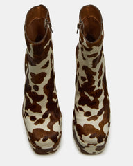 TRILLION Brown Cow Print Platform Square-Toe Block Heel Women's Ankle Boot