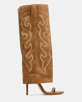 RAVINE Western Tan Suede Knee-High Cuffed Stiletto Heel Women's Boot