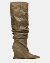 DISTORTION Gold Glitter Pointed-Toe Scrunched Knee-High Wedge Women's Boot