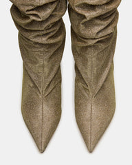 DISTORTION Gold Glitter Pointed-Toe Scrunched Knee-High Wedge Women's Boot
