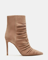TEASE Taupe Suede Ruched Pointed Toe Ankle Boot | Women's Booties